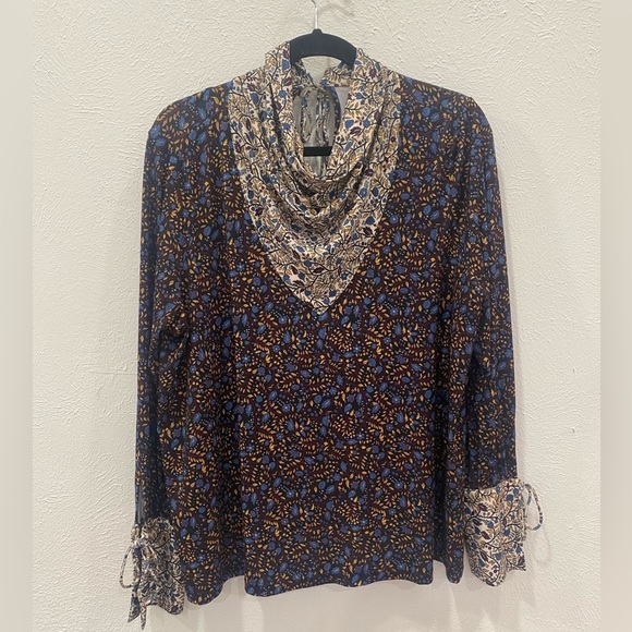 Catherine Malandrino Floral Contrast Fall Print Long Sleeve Cowl Neck Blouse XL - Picture 1 of 7